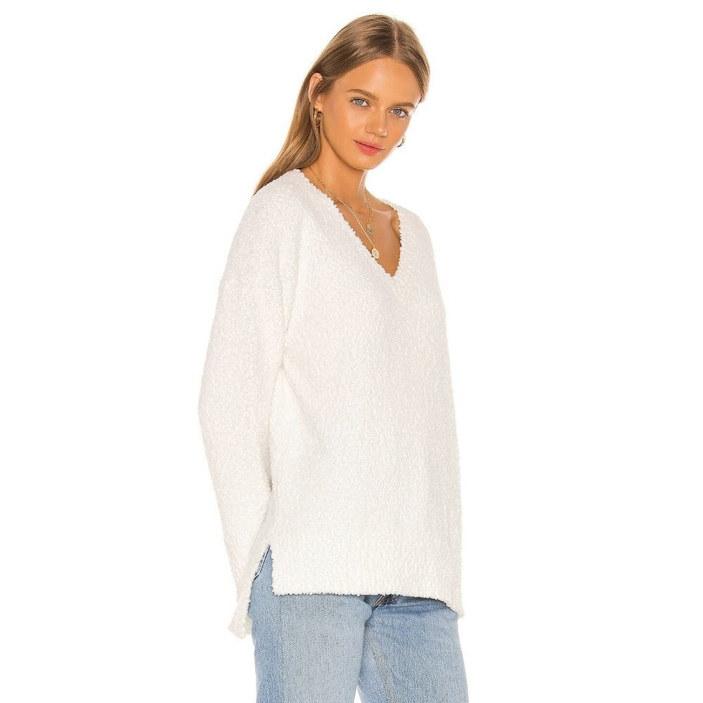 Sanctuary V Neck Teddy Pullover Sweater Cream Women Size M